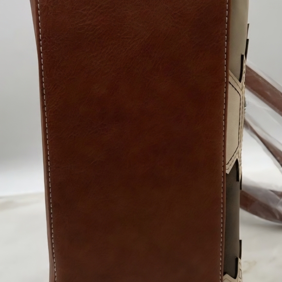 Brown and Tan Geometric Tote Bag with Leather Handles - Picture 6 of 7